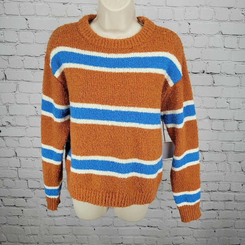 NWT All The Ways Orange Blue Striped Long Sleeve Pullover Sweater Small S